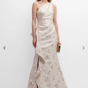 Rickie Freeman for Teri Jon One-Shoulder Metallic Cream Jacquard Gown